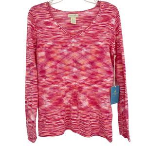 NWT Caribbean Joe Top Women Small Cotton V Neck Long Sleeve Pink Coral